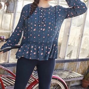 Women's Matilda Jane Blouse Small Blue Floral Polka Dots Crochet Boho Cottage